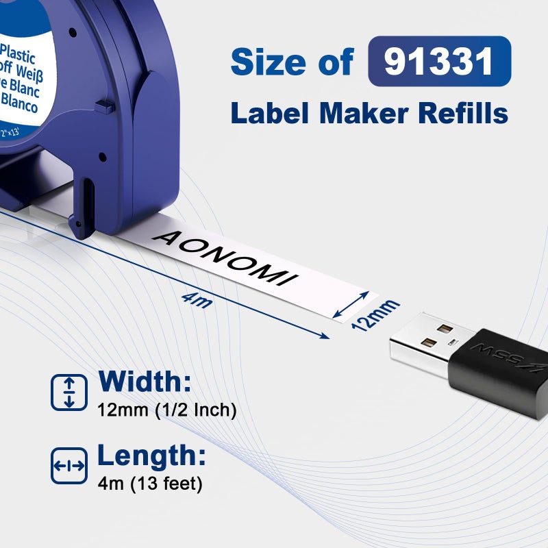 Aonomi 5-Pack Replace for Dymo Letratag Refills White Plastic Label Maker Tape 1/2" x 13' Compatible with Dymo Label Maker Refills White Plastic 12mm x 4m for LT-200B 100H 100T Plus QX50 XR XM 2000 - Image 3